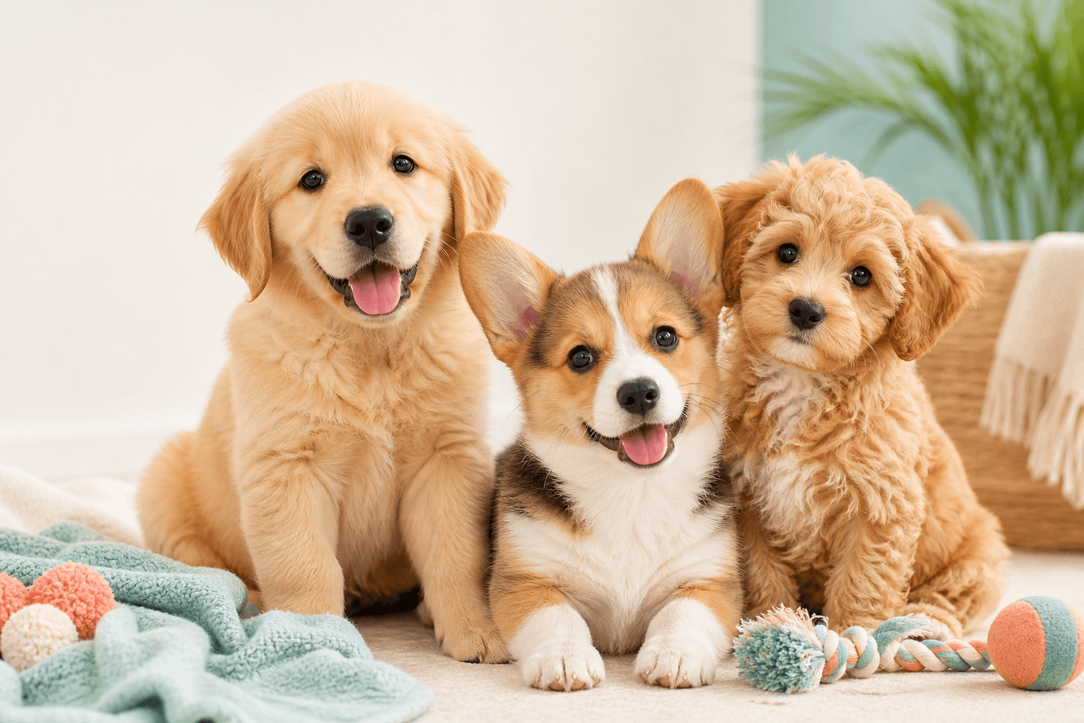 Three cute puppies sitting together